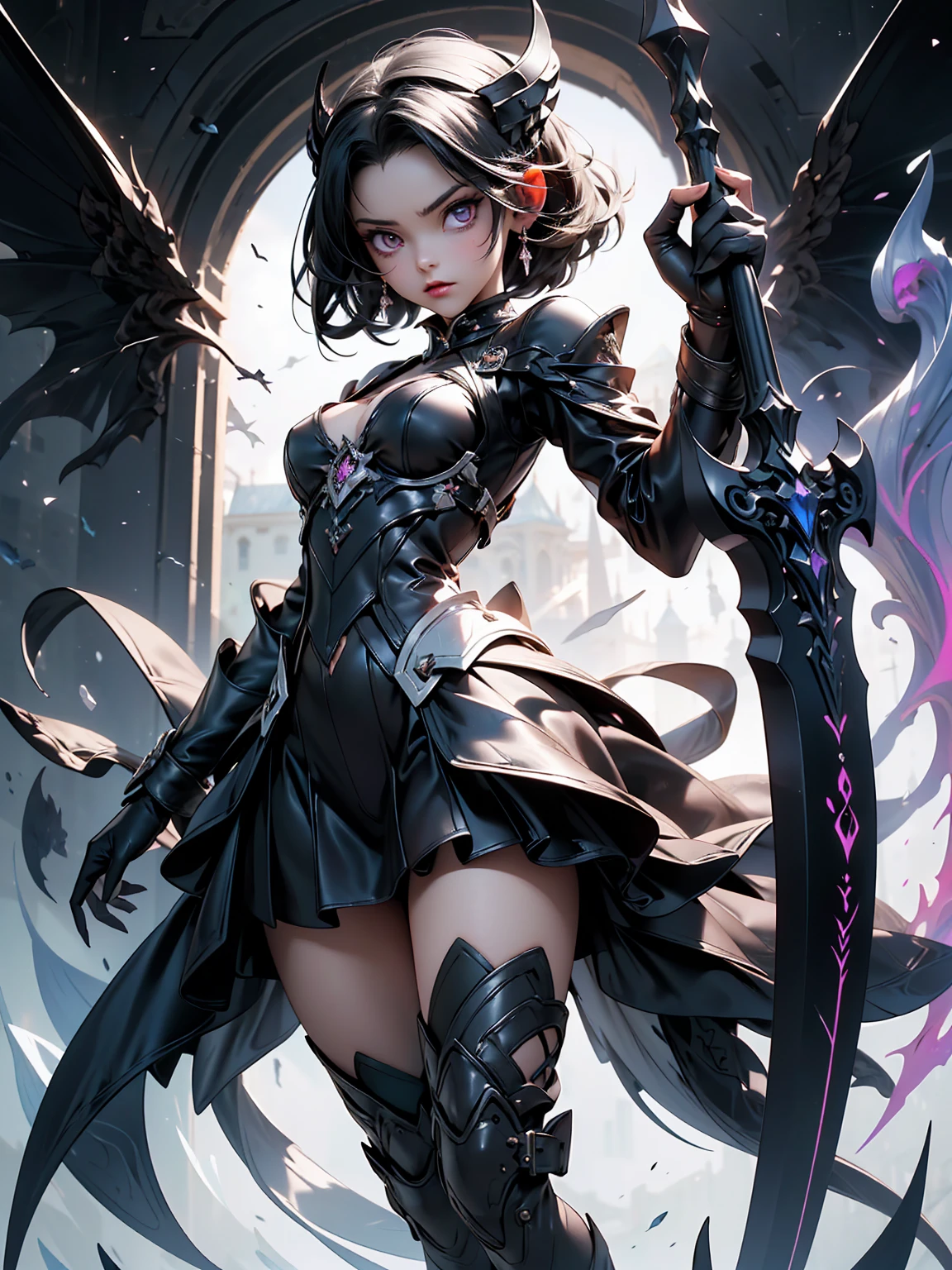 ((masterpiece, best quality, 8k))A captivating artwork of a darkly enchanting female character in a shadowy, magical setting. She wears dark and magical clothes in black and purple, perfectly matching her mysterious aura. Her short black hair and crimson eyes exude an intense beauty. She wields a dark staff, emanating a foreboding power.
