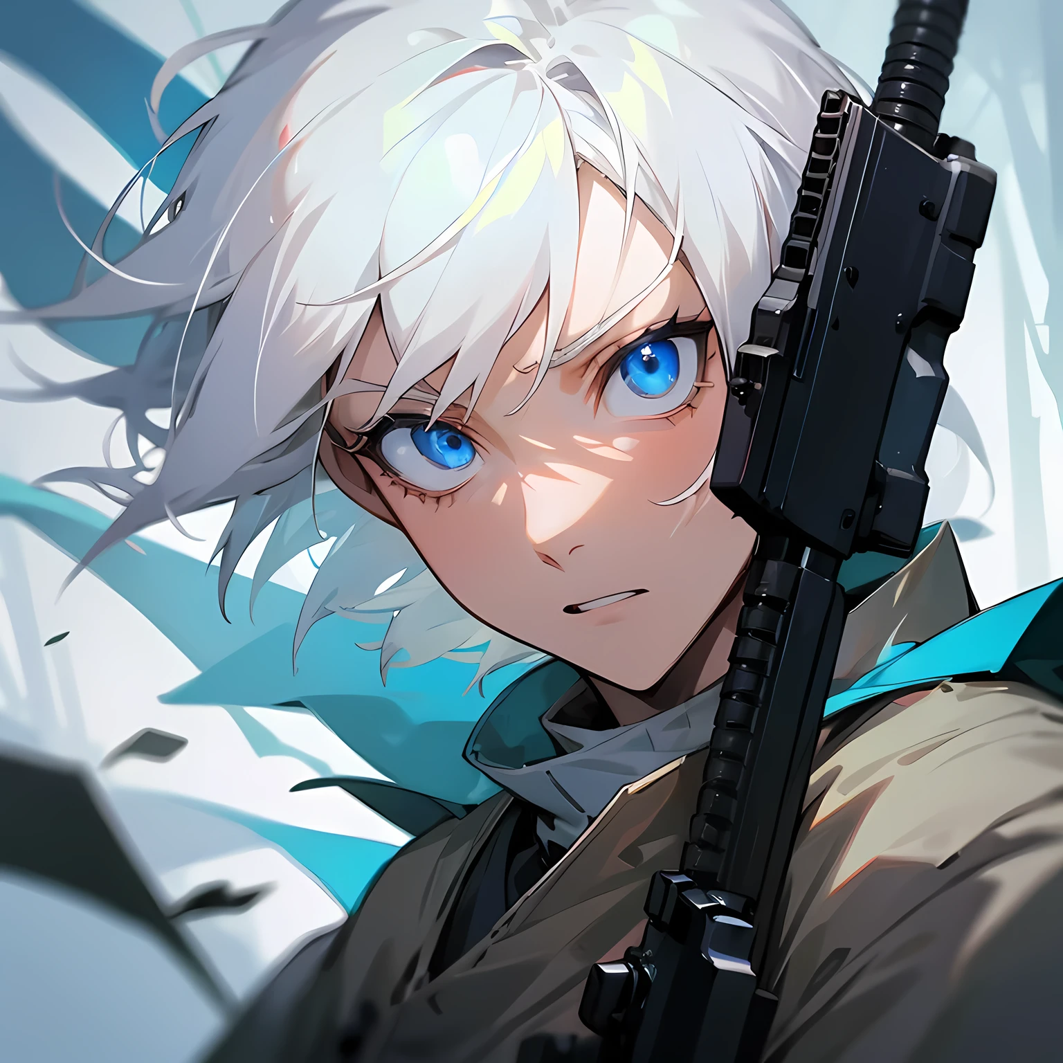White hair-blue eyes boy, shooting beasts in bursts with assault rifle face to face , forest