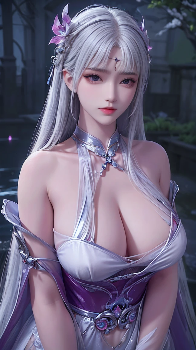 light particles, halo, (bioluminescent:0.95), bioluminescent, piercing glare, vibrant, (((colourful))), color, (glowing, glow), nude customs, nsfw, naked, see-through, wind blow, blossom, pond, night, moon relection in the pond, reflection light, depth of field, from behind, multiple views, delicated best quality ,masterpiece, illustration, an extremely delicate and beautiful, extremely detailed ,CG ,unity ,8k wallpaper, Amazing, finely detail, masterpiece,best quality,official art,extremely detailed CG unity 8k wallpaper,absurdres, incredibly absurdres, huge filesize , ultra-detailed, highres, extremely detailed,beautiful detailed girl, extremely detailed eyes and face, beautiful detailed eyes,light on face,1girl, (Super realistic), (white hair), (hair over one eye), (single braid hair), (rainbow eyes), ((hair ornament)), ((jewelry)), (hair jewelry), (((describe the arm in detail))), (((Super ))), ((sagging breasts)), ((Plump body)), (Big breasts), (thighs), ((Plump )),, (detailed description of hair), ((upper body)), (Bare shoulder), ((collarbone)), (off shoulder), (Shiny skin), (detailed description of face), (Extremely detailed description of the eyes), (detailed description of body), (white and translucent skin), peerless beauty, (extreme beauty), (red lips), (shy ), (seductive smile),(smiling)