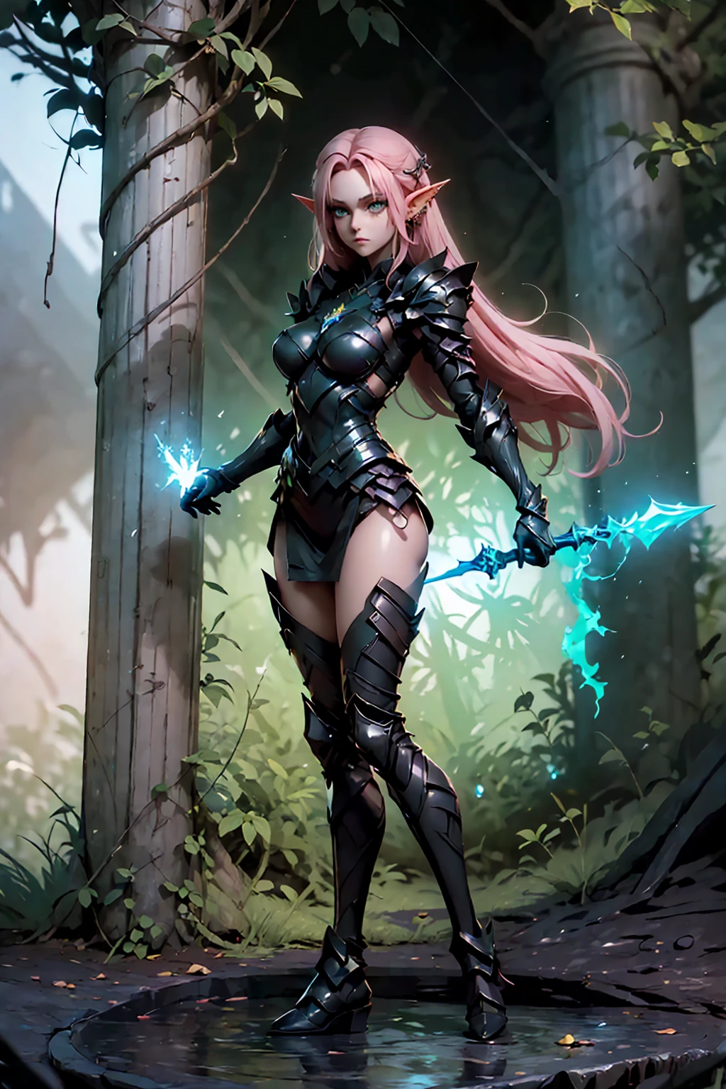 (((Masterpiece, best quality, high detailed, 8k))) Design a layout showcase Gaming character, (1girl). Light pink hair, green eyes, wearing a futuristic armor, wielding an empowering spear. (masterpiece:1.2), (best quality), ultra-detailed. (Step by step design, layout art:1.5), (luminous lighting, atmospheric lighting). Majestic elf in a magnificent forest with beautiful lighting. ((glove full hands)), intricate vambraces, high-tech legwear, (((full_body_shot:1.4))). The elf stands gracefully amidst ancient, towering trees, their leaves shimmering with a magical glow. The futuristic armor, a blend of sleek metal and glowing energy lines, contrasts beautifully with the natural surroundings. Her light pink hair flows softly around her, framing her elegant face with piercing green eyes that radiate wisdom and strength. The empowering spear she holds is adorned with mystical runes and a radiant crystal at its tip, pulsing with an ethereal light. She exudes an aura of power and serenity, perfectly harmonized with the enchanting beauty of the forest around her. Art style inspired by Artgerm, Kawacy, and Wadim Kashin.