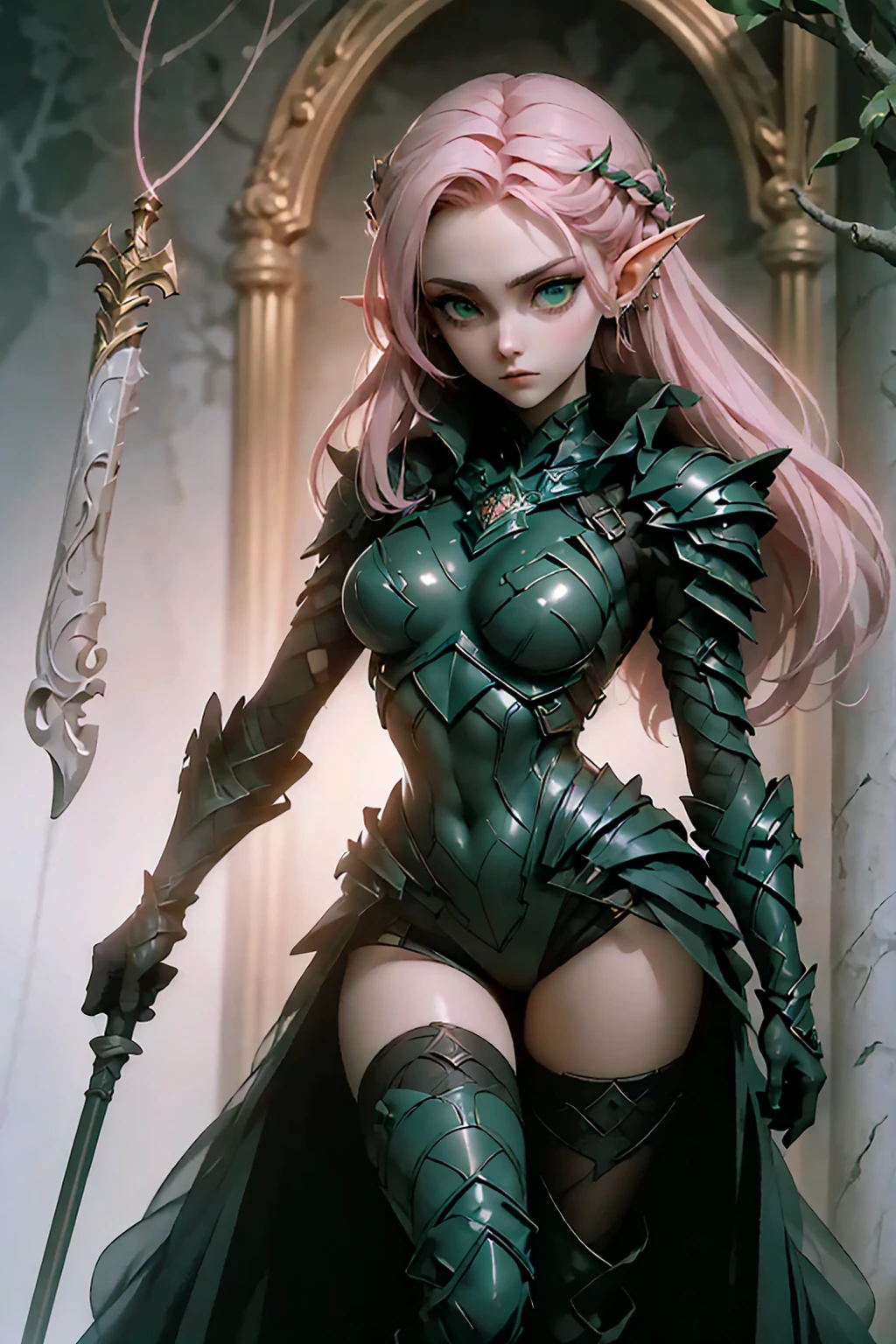 (((Masterpiece, best quality, high detailed, 8k))) Design a layout showcase Gaming character, (1girl). Light pink hair, green eyes, wearing a futuristic armor, wielding an empowering spear. (masterpiece:1.2), (best quality), ultra-detailed. (Step by step design, layout art:1.5), (luminous lighting, atmospheric lighting). Majestic elf in a magnificent forest with beautiful lighting. ((glove full hands)), intricate vambraces, high-tech legwear, (((full_body_shot:1.4))). The elf stands gracefully amidst ancient, towering trees, their leaves shimmering with a magical glow. The futuristic armor, a blend of sleek metal and glowing energy lines, contrasts beautifully with the natural surroundings. Her light pink hair flows softly around her, framing her elegant face with piercing green eyes that radiate wisdom and strength. The empowering spear she holds is adorned with mystical runes and a radiant crystal at its tip, pulsing with an ethereal light. She exudes an aura of power and serenity, perfectly harmonized with the enchanting beauty of the forest around her. Art style inspired by Artgerm, Kawacy, and Wadim Kashin.