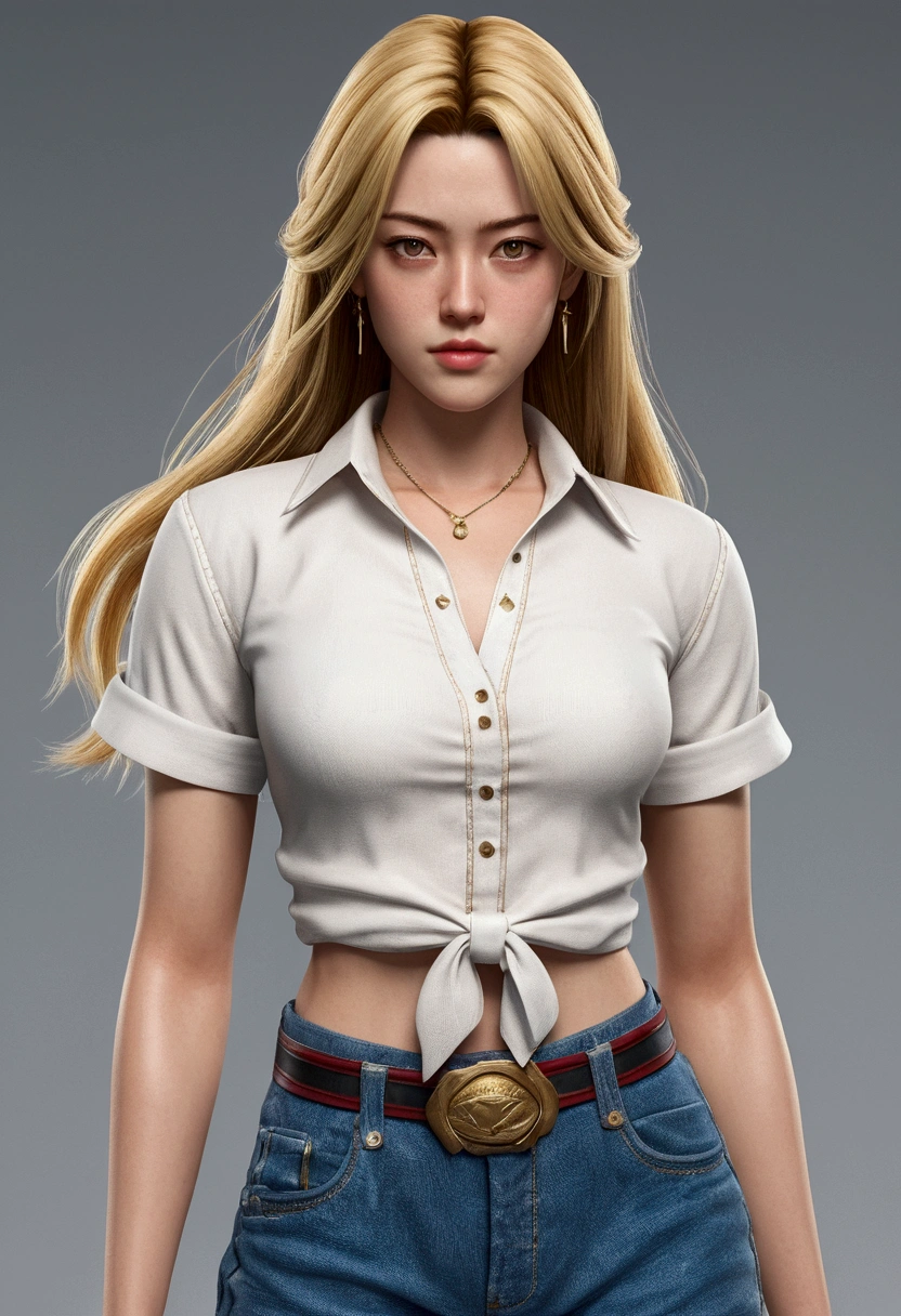 Create a woman with a body like the character Mai Shiranui, eyebrows and eyes like Billie Eilish, nariz e boca como Amber Heard, light and straight blonde hair, long hair, the woman is an 18 year old girl, She wears a small blouse with a low neckline, the blouse shows the belly, Ela usa shorts jeans, ultra realistic photo style high quality image 8K