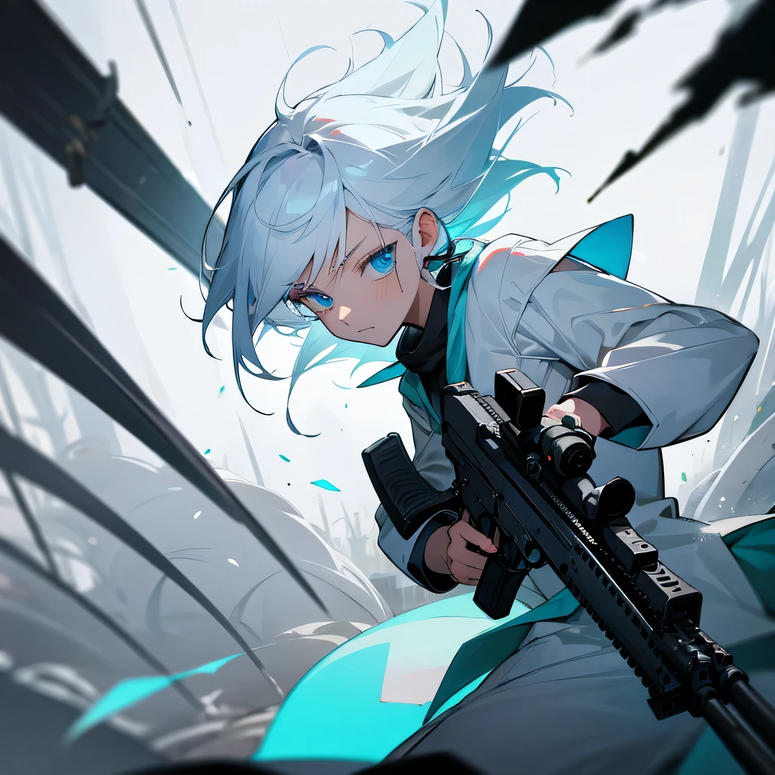 White hair-blue eyes boy, shooting beasts in bursts with assault rifle face to face , forest 