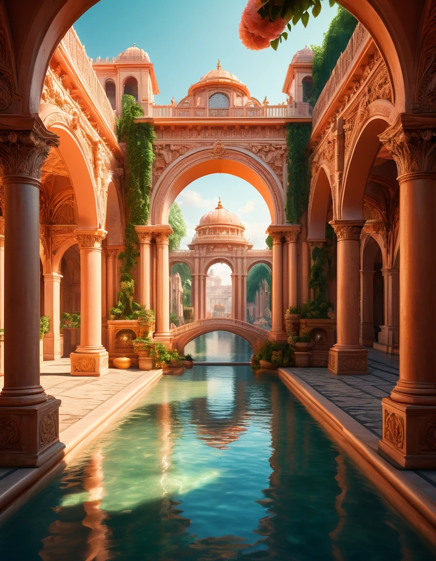 In a beautifully bright futuristic kingdom composed entirely of peach-colored buildings, a towering palace of bright peach color and gleaming amber resin column and a center plaza stands as the focal point of the image, peach-colored water flows like streams under a decorated arch bridge through the city streets. The walls of the palace are adorned with intricate carvings of peach vines and flowers, statues. vivid and surreal digital painting highly rendered, cinematic, noon, fantasy house, cinematic, extremely detailed, stylized 3d rendering, stylized 3d rendering, beautiful fairytale rendering, amazing, rustic architecture, beautiful 3d rendering, hyper maximalism, vray tracing, octane rendering, hdr, 32k