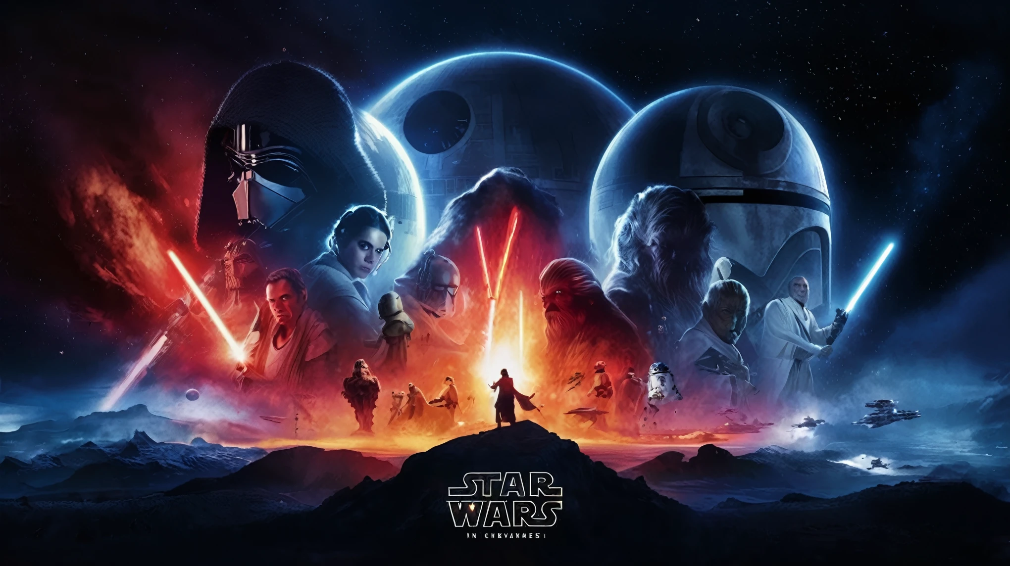 Star Wars the force awakes in the sky with many characters, Star Wars universe, beautiful cinema poster, Star Wars poster, Star Wars movie poster, Star Wars atmosphere, epic sci-fi ilm, hq wallpaper 4k, epic poster art, Star Wars movie, Star Wars digital art, Official poster art, Star Wars, in a cinematic wallpaper