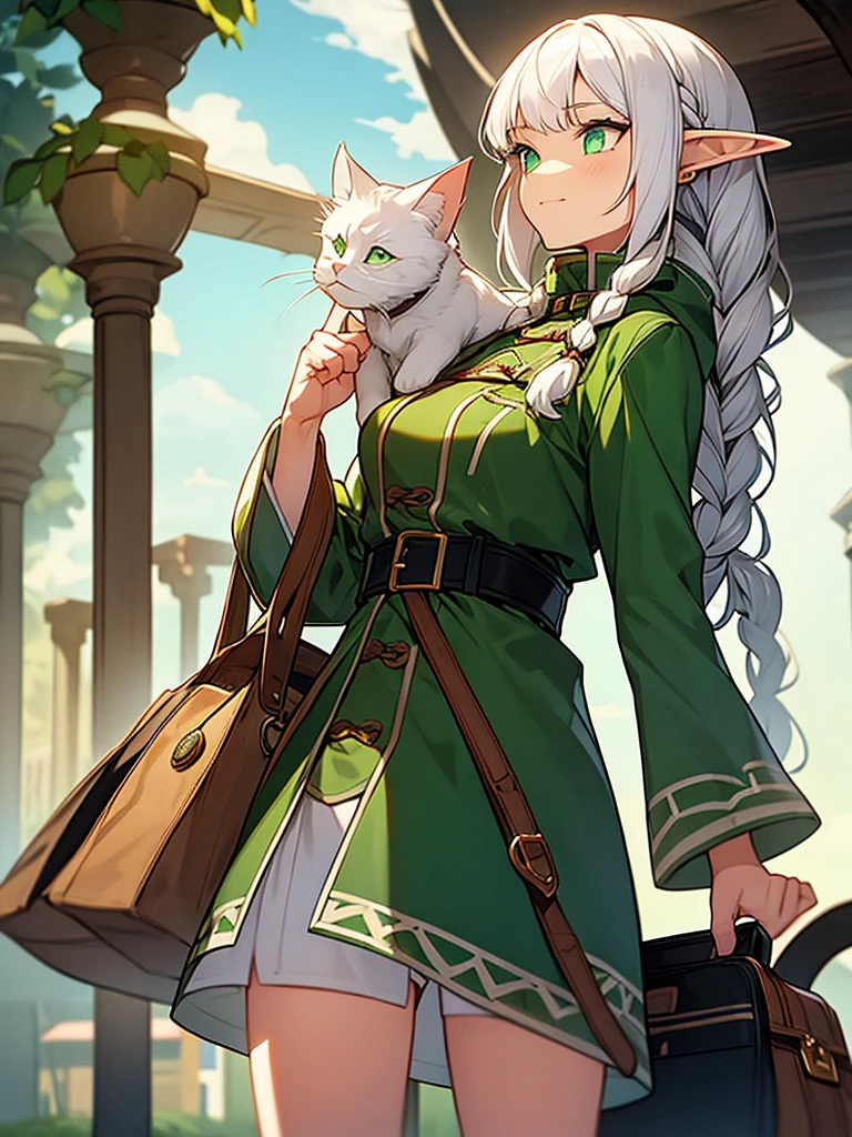 An elf with white hair with small braids and green eyes in a coat with a hanging bag in her hands, a cat