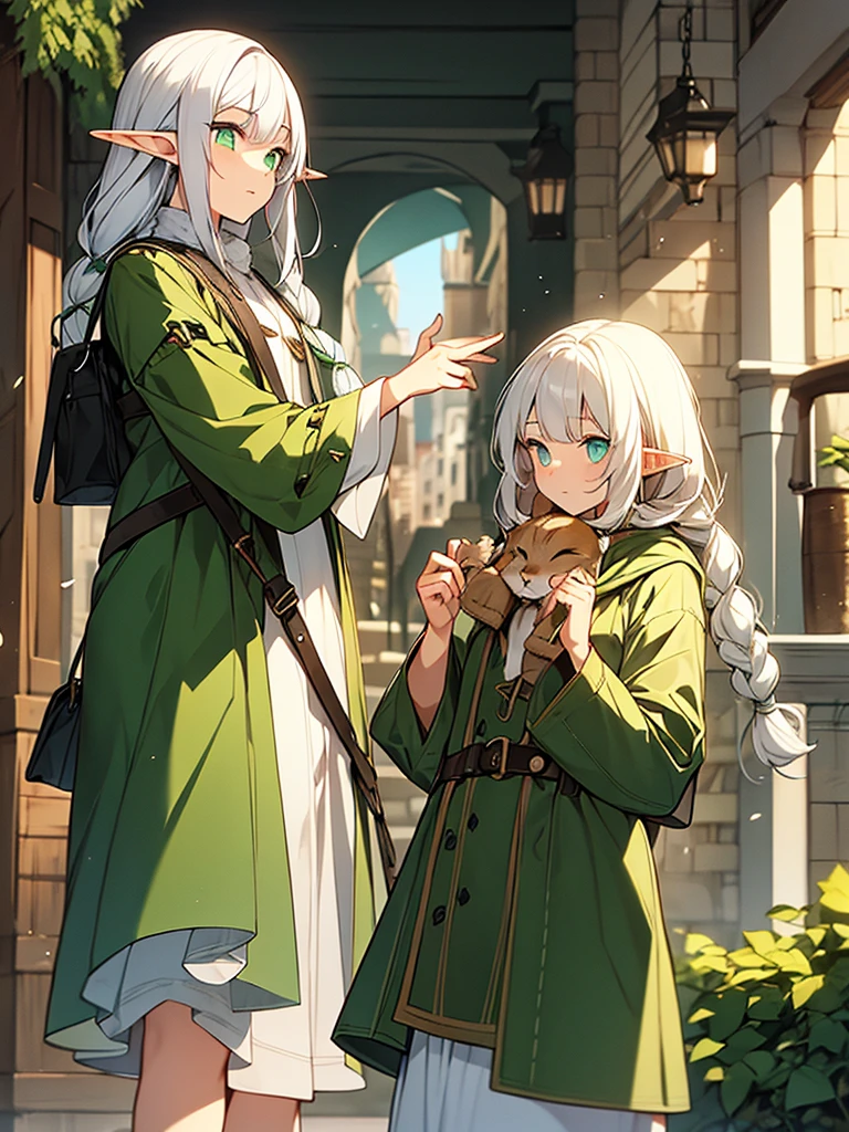 An elf with white hair with small braids and green eyes in a coat with a hanging bag in her hands, a cat