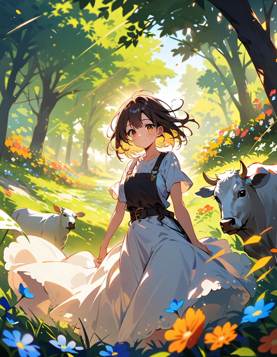 A young girl looks after cows on a picturesque farm, A vibrant and energetic atmosphere. The girl is surrounded by stunning depth of field, Beautifully blurred foreground and background, Adding movement and vibrancy to the scene. Sunlight filtering through the trees, Creates a sparkling effect on surrounding grass and flowers. The lighting is cinematic, Project dramatic shadows and highlights, Enhance the overall atmosphere of the image. Capture the details of the scene, The camera settings are set to f/2.8 apertures and 35mm focal length, Achieve the perfect balance between subject and background. The images are taken in UHD resolution., Ensuring the highest quality and clarity. Details are incredibly sharp and clear, Reflecting every blade of grass and every expression on the girl&#39;s face. The colors are vibrant and lively, In warm and attractive colours. Lighting accentuates the natural beauty of the ranch, Casts a soft and warm shadow, Gives a sense of peace and tranquility. The images have a sense of realism and photorealism, A touch of artistic style that enhances the overall aesthetic. In summary, This prompt is、Create a visually appealing image of a girl tirelessly tending cattle in a beautiful ranch setting。. Depth of field makes the scene come alive, Sparkling details, Cinema Lighting, We value high quality, high resolution visuals.