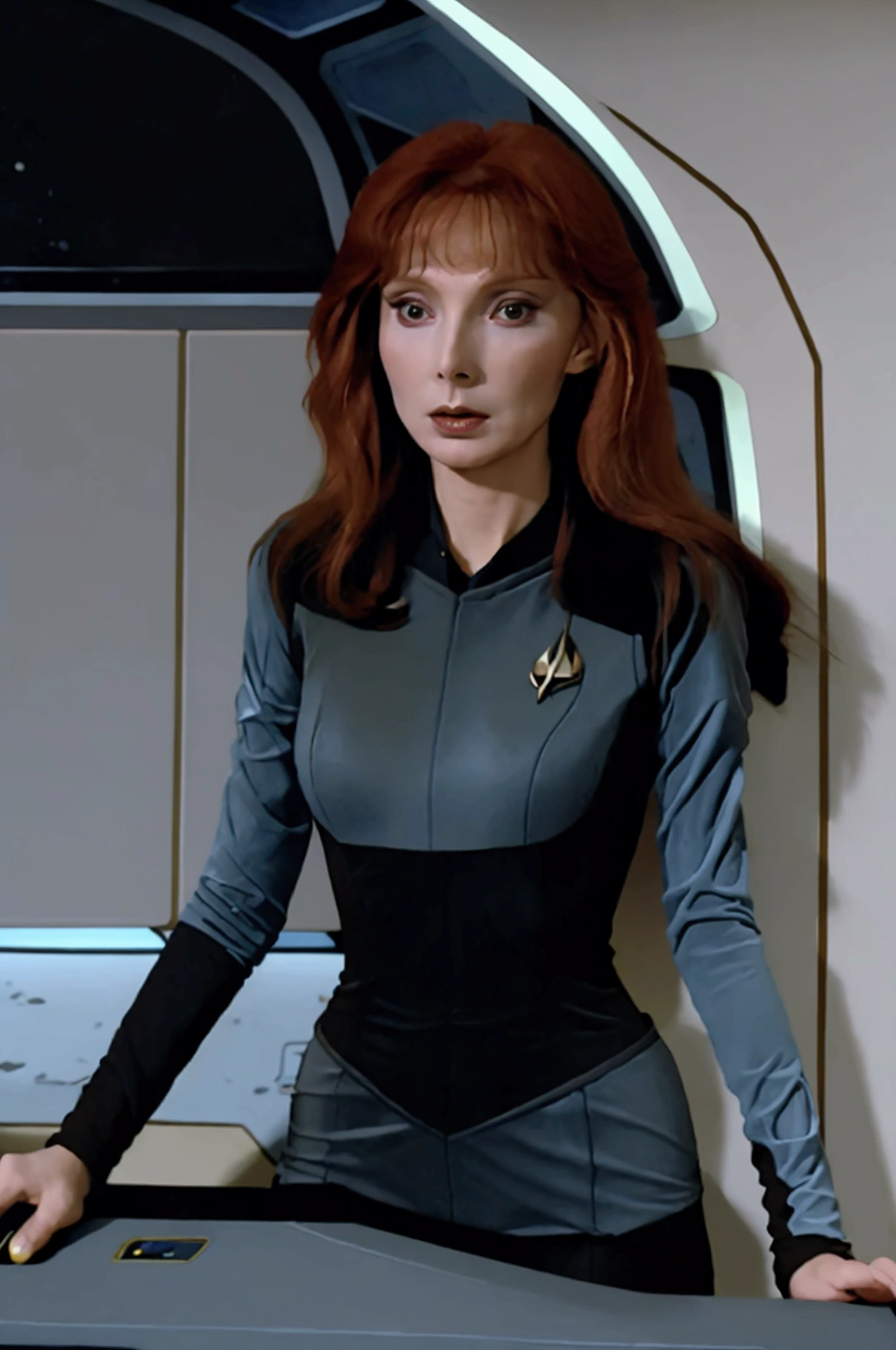 (Beverly Crusher, age 25, sexy revealing star fleet uniform) being a sexy smoldering hot seductress as she goes about her duties on the Enterprise starship
