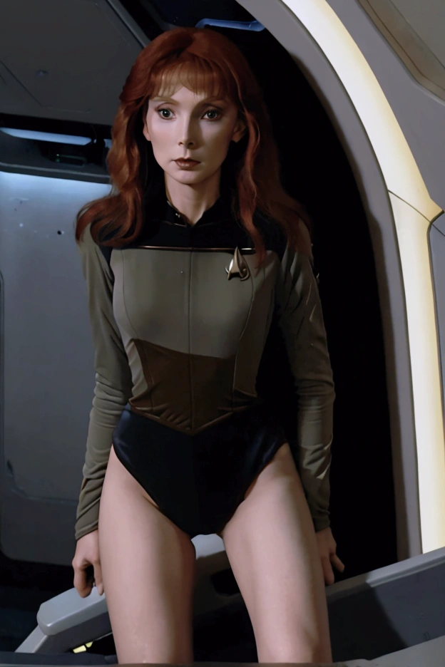 (Beverly Crusher, age 25, sexy revealing star fleet uniform) being a sexy smoldering hot seductress as she goes about her duties on the Enterprise starship
