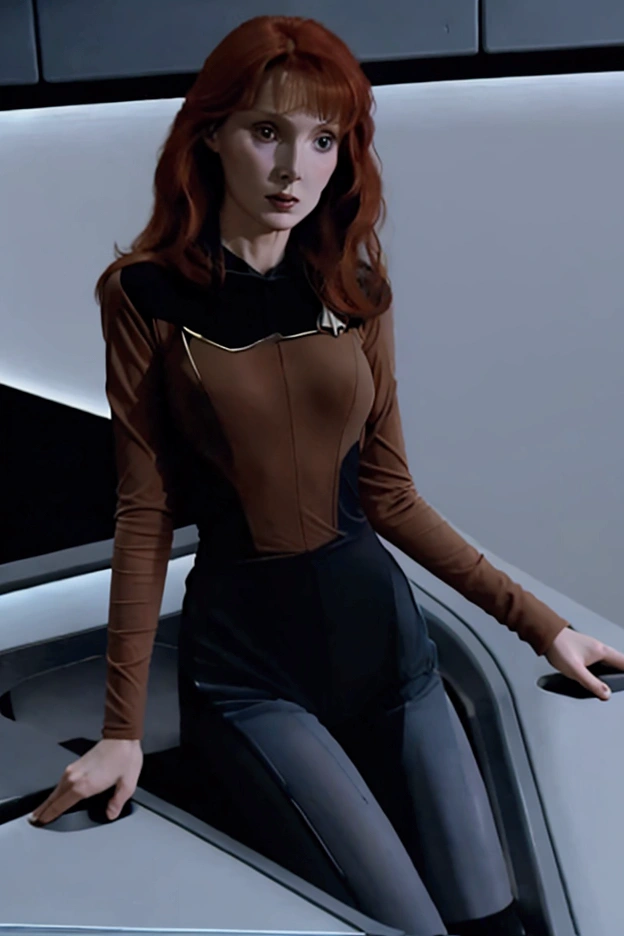 (Beverly Crusher, age 25, sexy revealing star fleet uniform) being a sexy smoldering hot seductress as she goes about her duties on the Enterprise starship