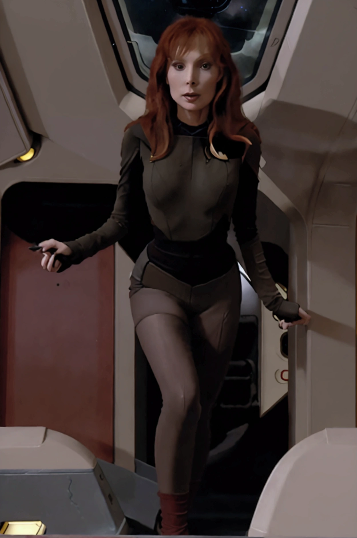 (Beverly Crusher, age 25, sexy revealing star fleet uniform) being a sexy smoldering hot seductress as she goes about her duties on the Enterprise starship