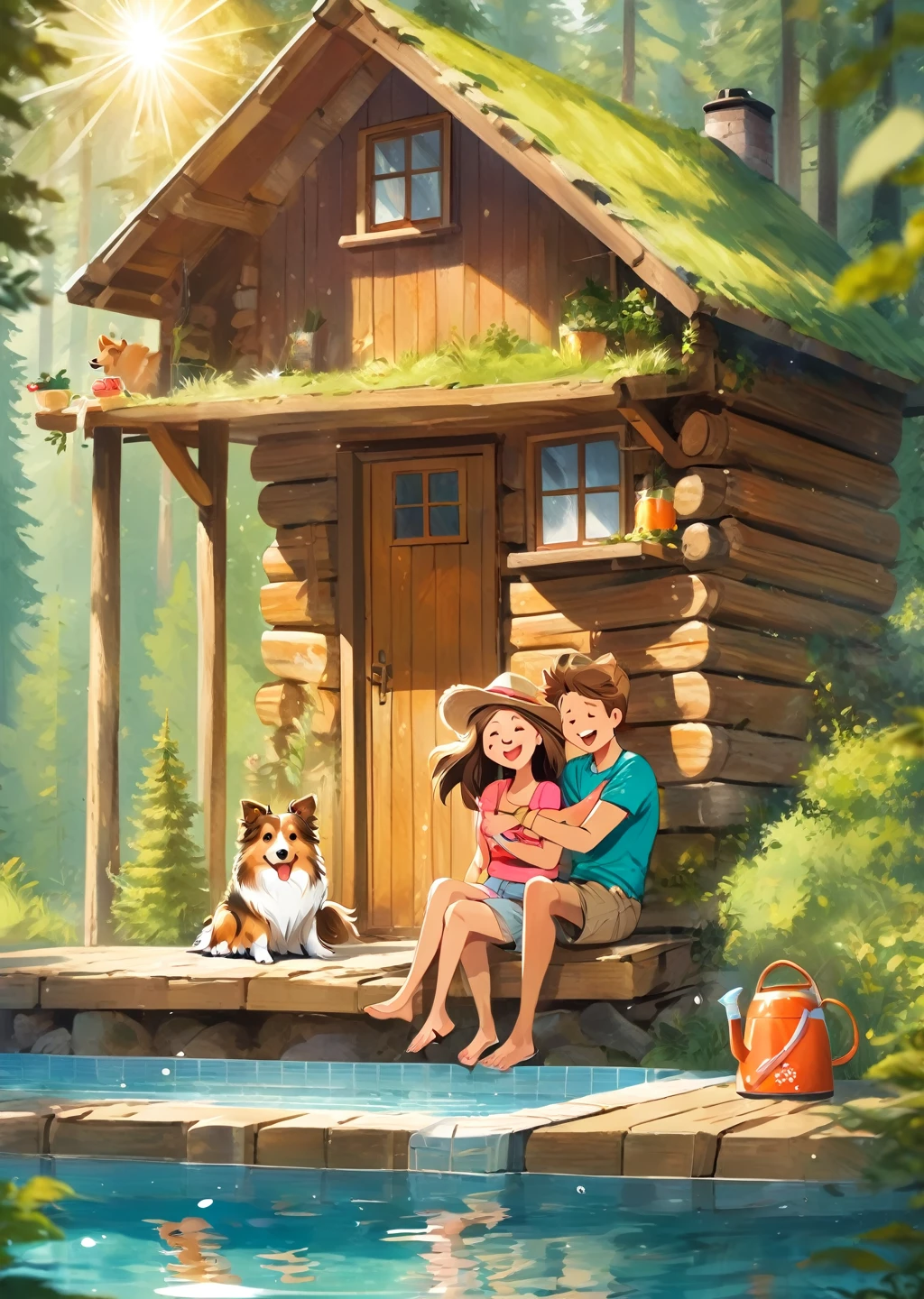 Forest cabin.
two people. love
young couple. man Woman.
sheltie dog
joy
luck
chill
sun
love.
holiday
entertainment.
laughter
Forest cabin.
Outdoor swimming pool.
