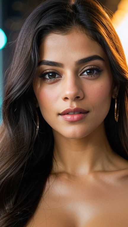 little Kajol Devgan, (taking selfies, Overhead view: 1,4), (straight half of the torso: 1,4), Portrait photo of a 24-year-old blonde in RAW UHD format (Blue-eyed woman), very long bronze hair Walk down the dark alley, natural breasts_b, night city, ( tactical clothes), (décolleté), in detail (textures!, glistering, a color!!, imperfections: 1.1), highly detailed glossy eyes, , Standing Around, bottom, thongs, (is looking at the camera), specular lighting, DSLR camera, ultra quality, sharp-focus, sharpness, Depth of field, film grains, (centred), Crystal clear, big breast, naked torso, The center of the frame, pretty face, sharp-focus, street lamp, neon lights, bokeh, (dimly lit), Low key, in night, (night  sky ) detailed skin pores, oiled skin, suntan, Complex eye details, Indian woman full body sexy Big brest nipple nice clevage seductive poses red lips 