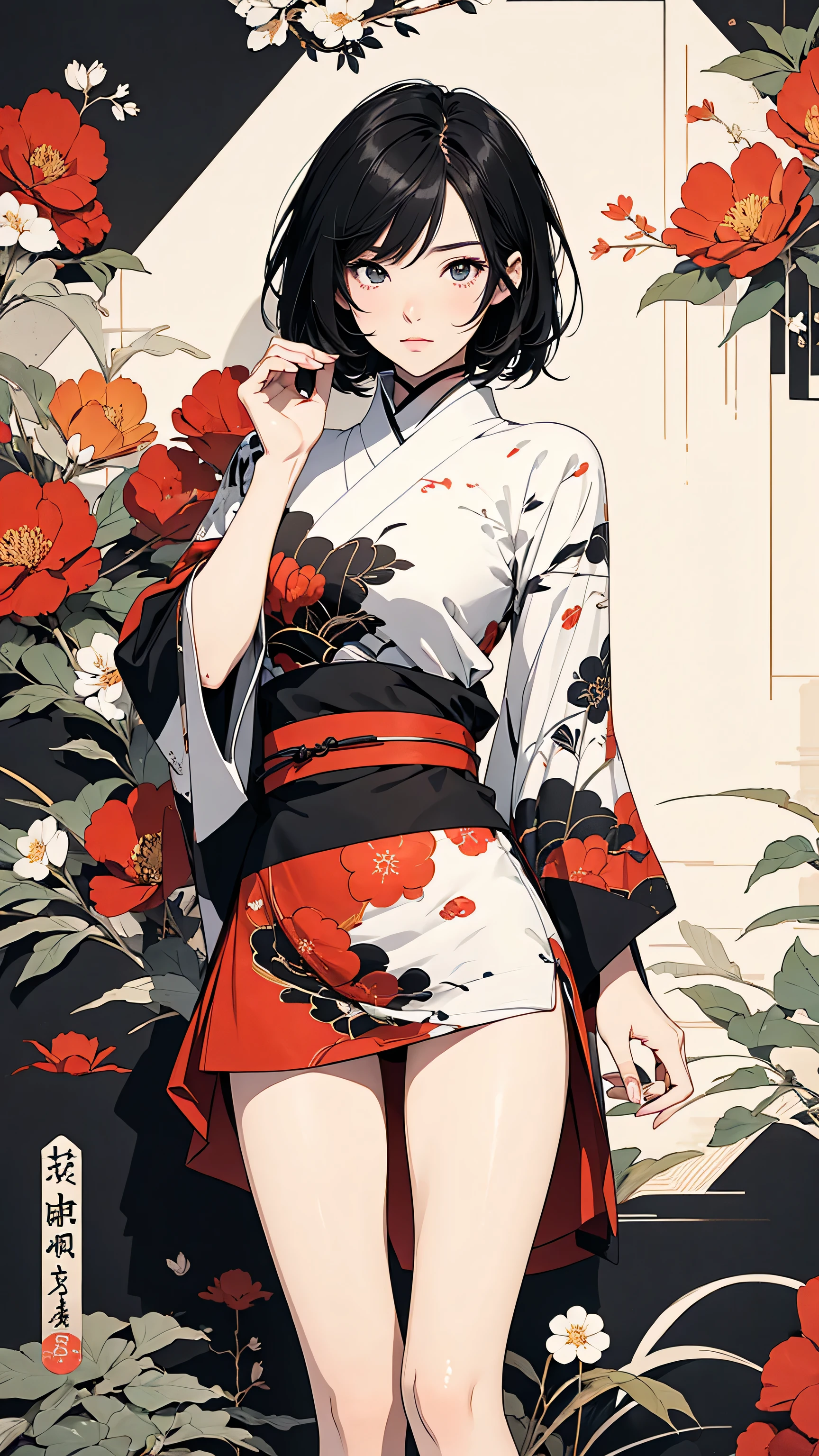 (masterpiece, High resolution, Highest quality), 20-year-old woman, Glamorous posing, Asymmetrical Short Hair, A Japanese-patterned haori over a turtleneck:1.2, Japanese pattern micro mini shorts:1.2, Petal Collage, abstract design, artistic juxtapositions, Geometric pattern, And handle background, warm color, mixed-media approach, Anime Style, Simple lines, Digital Painting, 