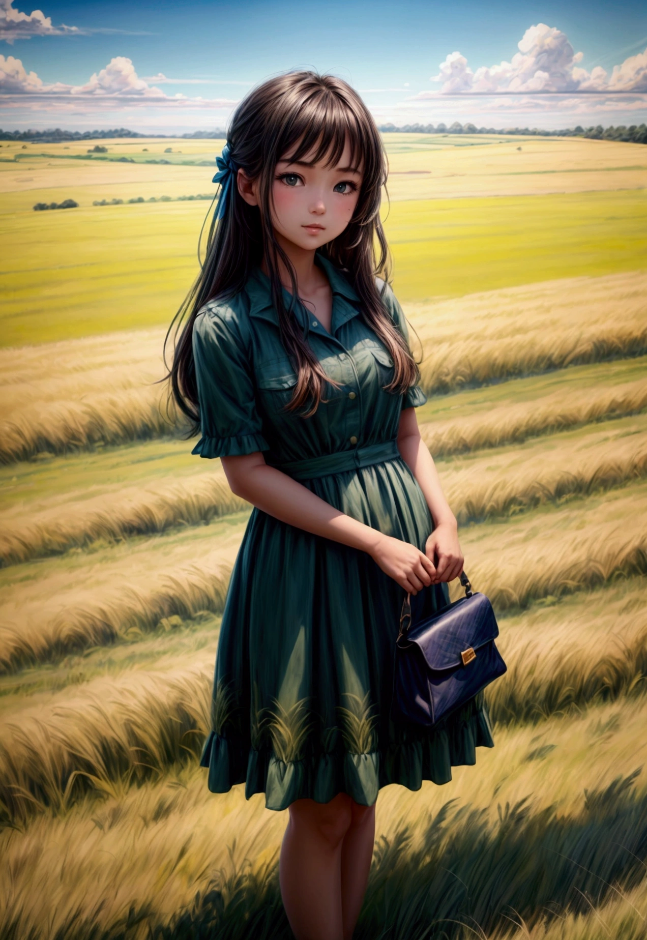 Girl standing in a field of grass looking at a blue sky, in a open green field, very beautiful scenery, in a large grassy green field, blue sky and green grassland, beautiful scenery, wide-angle photograph, the sky is beautiful and clear, there is blue sky, panoramic view of girl, background is heavenly, gorgeous scenery