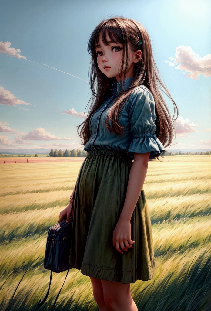 Girl standing in a field of grass looking at a blue sky, in a open green field, very beautiful scenery, in a large grassy green field, blue sky and green grassland, beautiful scenery, wide-angle photograph, the sky is beautiful and clear, there is blue sky, panoramic view of girl, background is heavenly, gorgeous scenery