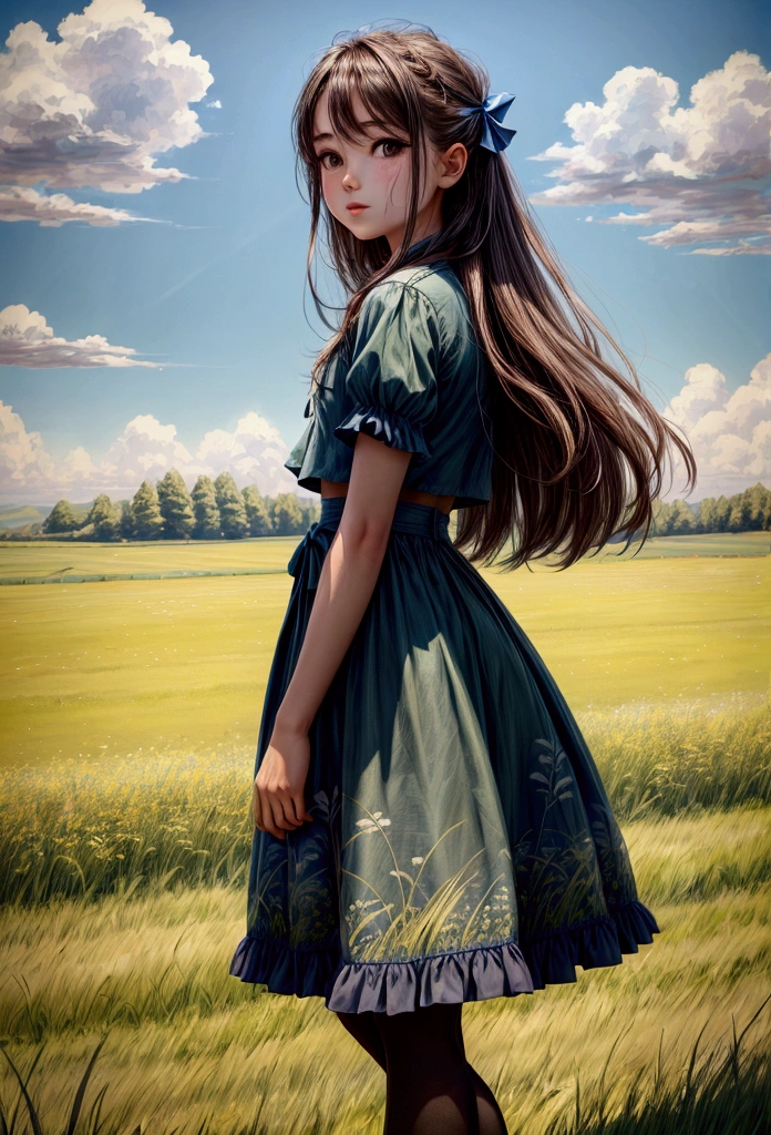 Girl standing in a field of grass looking at a blue sky, in a open green field, very beautiful scenery, in a large grassy green field, blue sky and green grassland, beautiful scenery, wide-angle photograph, the sky is beautiful and clear, there is blue sky, panoramic view of girl, background is heavenly, gorgeous scenery