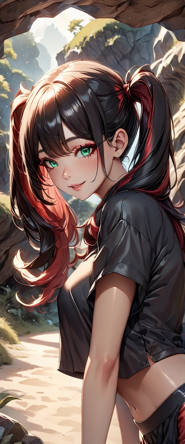Realistic, photograph, 自然な肌をした女の子のphotograph, ((High Twintails)), , ((Baby Face)), Smiling, ((Leaning forward)), From the side, Round face, Red mesh hair, ((Upper Body)), Beach cave, The light is shining in, Black hair with red mesh, Sharp eyes with red eyeshadow, Blue-green eyes, Shining eyes, A thin, upturned nose, Well-shaped lips, ((crop top overhang, Short sleeve, Black clothes, Glamour body)), Makeup, Exquisitely crafted with the utmost attention to detail, Vibrant, amazing, Smooth, Cinematic, 4K, Backlight, (()), Shallow depth of field, ((Detailed eyes:1.3, Detailed lips:1.3, high quality, )), masterpiece, Super detailed images, High quality