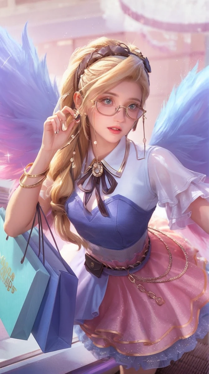 The image is a digital illustration of a female character with blonde hair and glasses, wearing a white and blue outfit, standing in front of a pink background with a blue box.