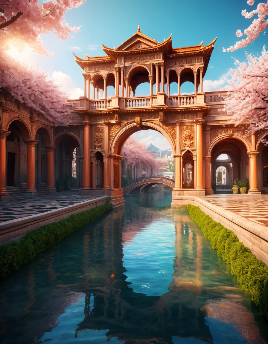 In a beautifully bright futuristic kingdom composed entirely of peach-colored buildings, a towering palace of bright peach color and gleaming amber resin column and a center plaza stands as the focal point of the image, limpid water flows in a stream under a decorated arch bridge through the city streets. The walls of the palace are adorned with intricate carvings of peach vines and flowers, cherry blossom. vivid and surreal digital painting highly rendered, cinematic, noon, fantasy house, cinematic, extremely detailed, stylized 3d rendering, stylized 3d rendering, beautiful fairytale rendering, amazing, rustic architecture, beautiful 3d rendering, hyper maximalism, vray tracing, octane rendering, hdr, 32k