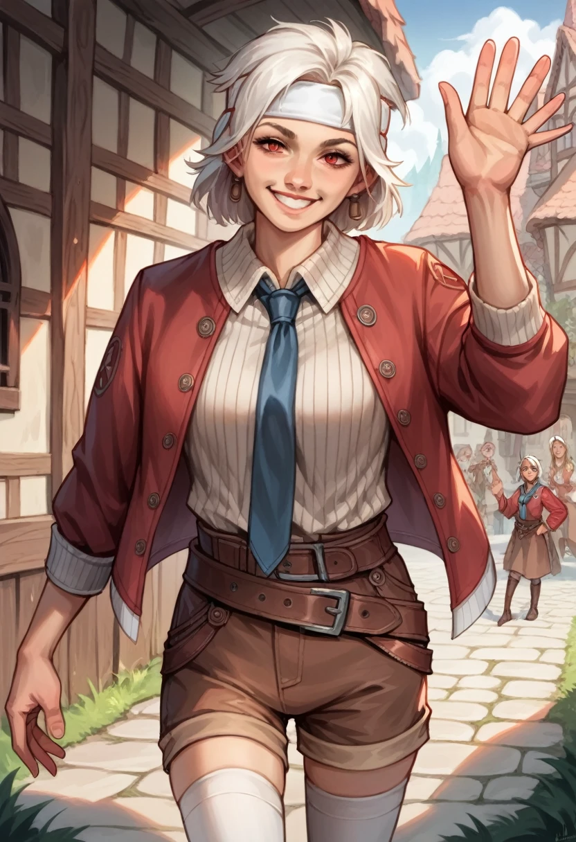 score_9, score_8_up, source_realistic, (female1.5), female focus, female body, white hair, red eyes, earring, white headband, red jacket, white striped shirt, blue necktie, brown shorts, belts, black, thighhighs, smiling, waving, standing, looking at you, medieval  village