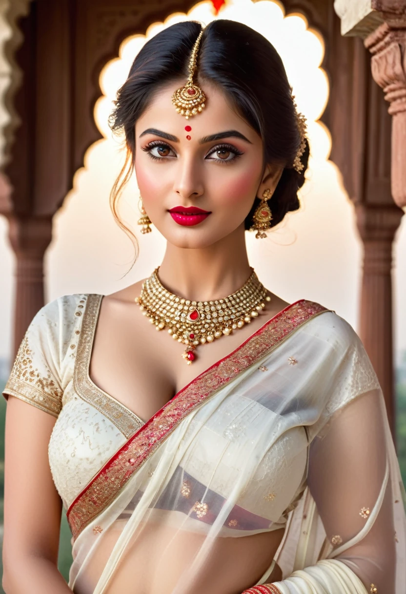 perfect pink eyes, fantastic face, Indian, beautiful look, ((red lips, bright eyes, curve heir 1.5)), ((beautiful details medium breast )), A glorious gorgeous, glorious gorgeous face, pretty face, bright eyes, detailed elegant white thin light saree, updo elegant hair, Taj Mahal blur background, ultra focus, face ilumined, face detailed, 8k resolution, full body, sexy open thin belly, sexy, sexy, sexy, sexy, very realistic, very realistic, very realistic, sexy, sexy, sexy, sexy, sexy, nude, nude