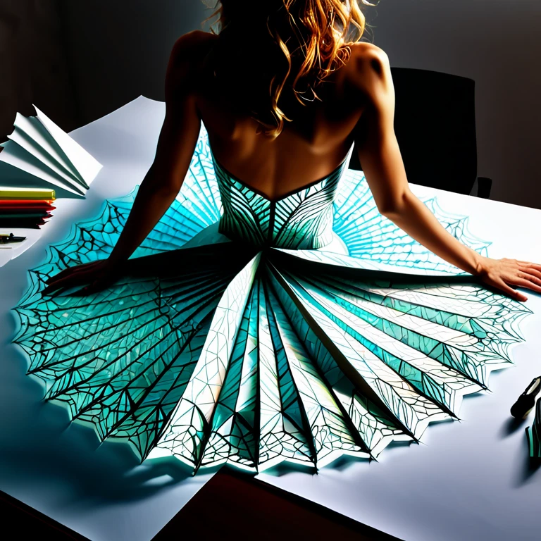 Sur une grande feuille de papier posée sur un bureau, Dessiner une figurine 4D de style encre uhd époustouflante et à couper le souffle, (mélange de l’art origami et de l’art de la découpe du papier), portant une sublime robe fendue en papier 3D découpée très détaillé en dentelle fractal, effet holographique qui semble sortir de la feuille de dessin, dessin extrêmement détaillé, hyperréaliste, Des détails sublimes. Un travail vraiment remarquable, travail joyeux et sensuel, (sublime poitrine effet push-up qui semble sortir de la feuille de dessin, effet 3d époustouflant), ((proportions parfaites, masterpiece, hyperRéaliste, masterpiece, superior quality, high resolution, Extremely detailed, highly detailed 8K wallpaper, détails fractales))