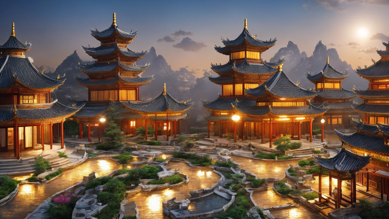 There are central buildings surrounded by six outbuildings, all with different styles,（Paper carving：1.5）,top views，Oriental elements，Dreamy，white colors，golden colored，Traditional Chinese color scheme，reasonable design，Clear lines，High sharpness，Best quality，Very detailed，Masterpiece，offcial art，movie light effect，4K