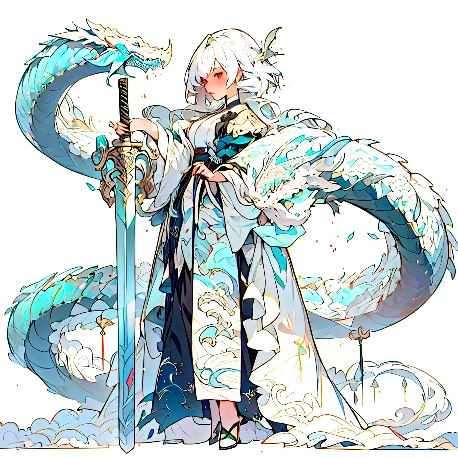 anime character dressed in white holding a sword and a dragon, white haired deity, trending on artstation pixiv, guweiz on pixiv artstation, guweiz on artstation pixiv, great character design, jormungand anime, epic exquisite character art, zerochan art, 2b, 2 b, detailed anime character art