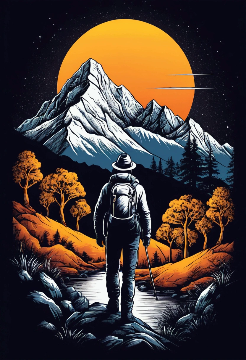 print ready vector t-shirt design, adventure scene with explorer, with beautiful night sun and mountain and an animal in the background, Clean white background, Professional vector, Accurate shot, 8K resolution, Deep print illustration