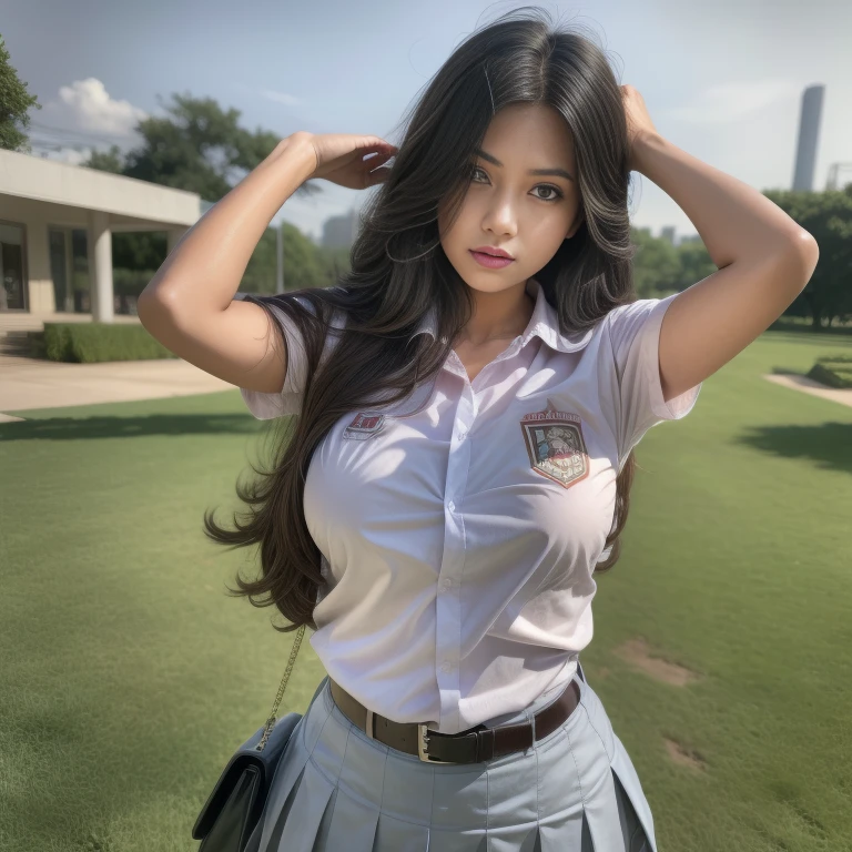 1girl, (uniform), standing, outdoors, detailed Metropolitan city at the background, (above head: 1.4), detailed face, detailed eyes, brunette, big breasts, smooth skin, semi-curvy body, white shirt, grey blue hot miniskirt , looking at the audience, Full body shot, (8k, RAW photo, best quality, masterpiece: 1.2), (realistic, realistic: 1.37), ultra-high resolution