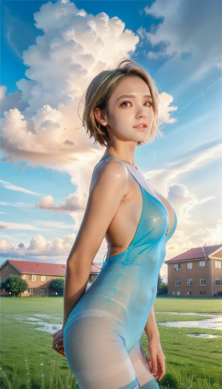 Meteor shower in a beautiful sunset sky, Beautiful Clouds, rain, Back view of a high school girl with short hair,grassland,(Crystal clear rain sparkles in the sky), masterpiece,High resolution,Wide-angle lens
