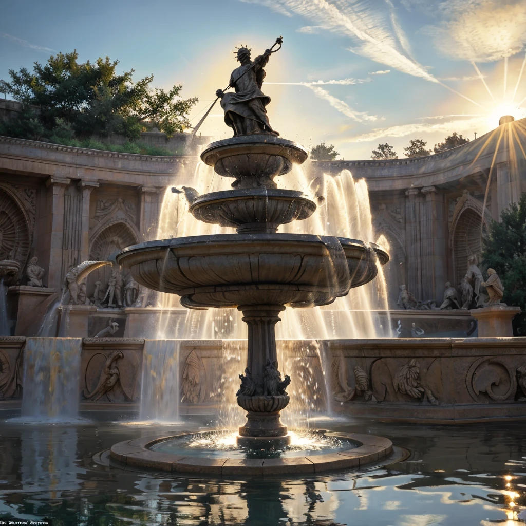 Huge and beautiful epic fountains,above the ground, fountains, flowing water, real water quality, sunlight at golden hour, beautiful views, shocking, epic moments, perfect paintings, white masculine figure on top of the gorgeous fountain