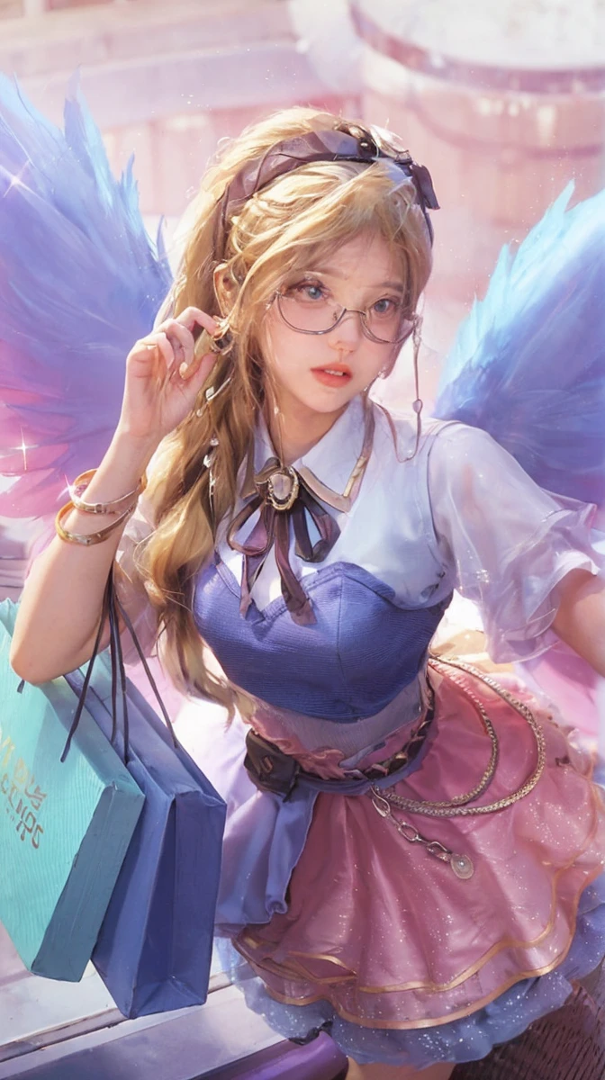 The image is a digital illustration of a female character with blonde hair and glasses, wearing a white and blue outfit, standing in front of a pink background with a blue box.