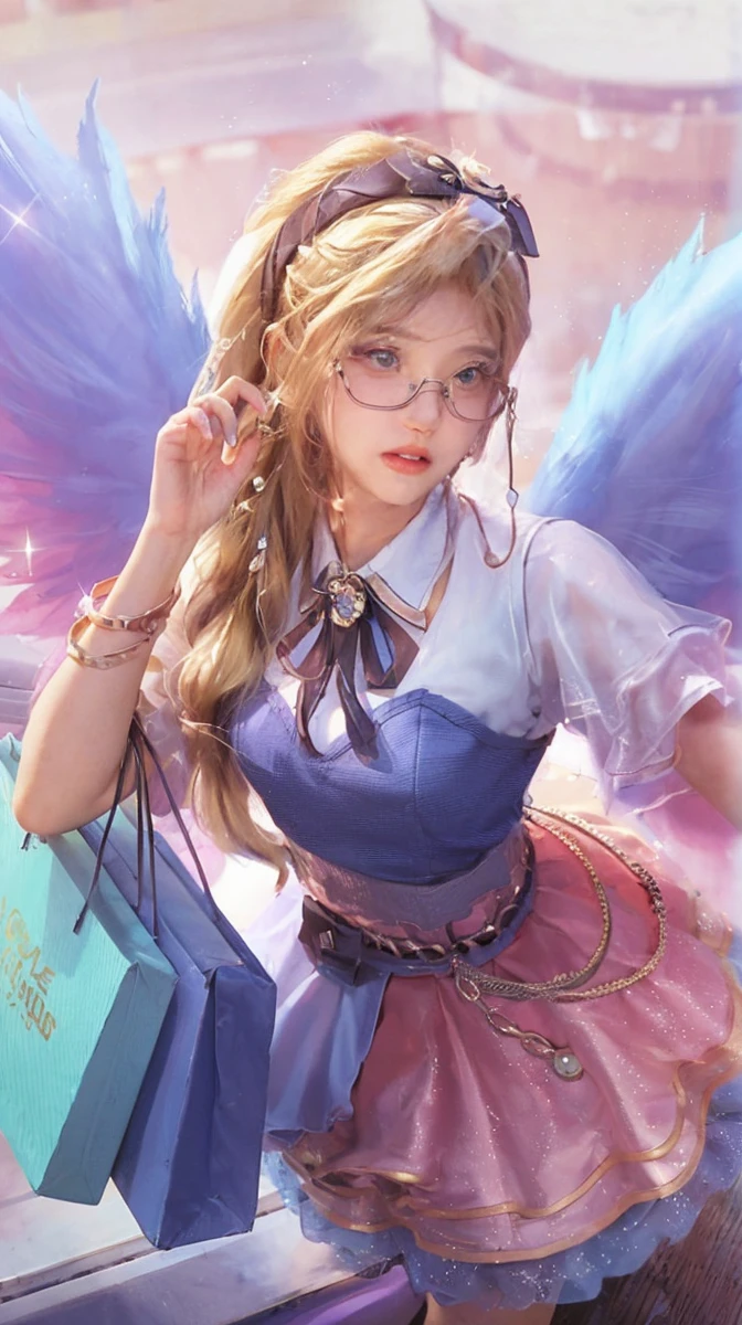 The image is a digital illustration of a female character with blonde hair and glasses, wearing a white and blue outfit, standing in front of a pink background with a blue box.