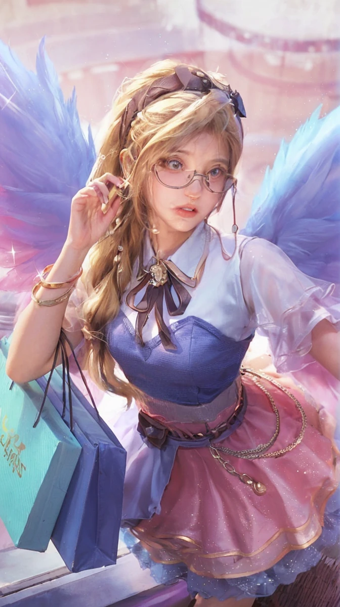 The image is a digital illustration of a female character with blonde hair and glasses, wearing a white and blue outfit, standing in front of a pink background with a blue box.