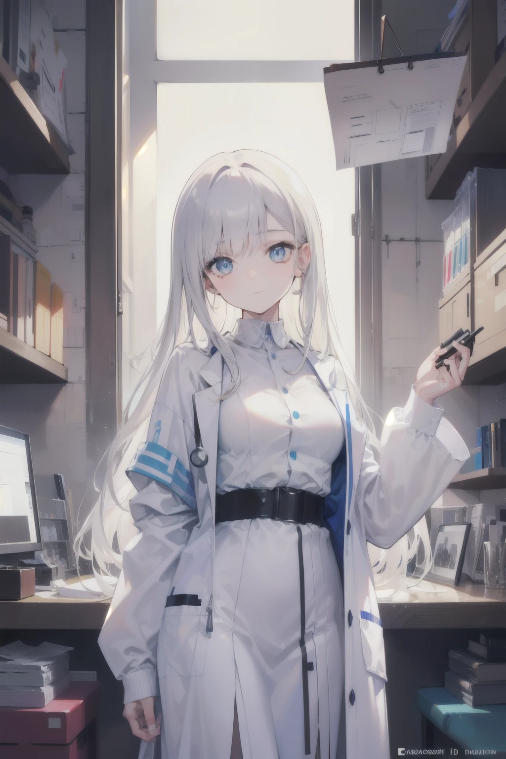 Best quality, (masterpiece:1.2), illustration, (Beautiful detailed girl), gentle face, Soft light and shadows, super excellent, 8к HD, (masterpiece:1.4), (finely detailed beautiful eyes: 1.2), in the lab, doctor, в full height, 20 years, future, in clothes, robe, white long hair, tech suit of the future, full height