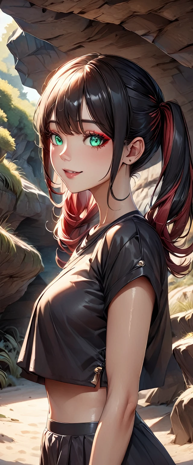 Realistic, photograph, 自然な肌をした女の子のphotograph, ((High Twintails)), , ((Baby Face)), Smiling, (()), From the side, Round face, Red mesh hair, ((Upper Body)), Beach cave, The light is shining in, Black hair with red mesh, Sharp eyes with red eyeshadow, Blue-green eyes, Shining eyes, A thin, upturned nose, Well-shaped lips, ((crop top overhang, Short sleeve, Black clothes, Glamour body)), Makeup, Exquisitely crafted with the utmost attention to detail, Vibrant, amazing, Smooth, Cinematic, 4K, Backlight, (()), Shallow depth of field, ((Detailed eyes:1.3, Detailed lips:1.3, high quality, )), masterpiece, Super detailed images, High quality