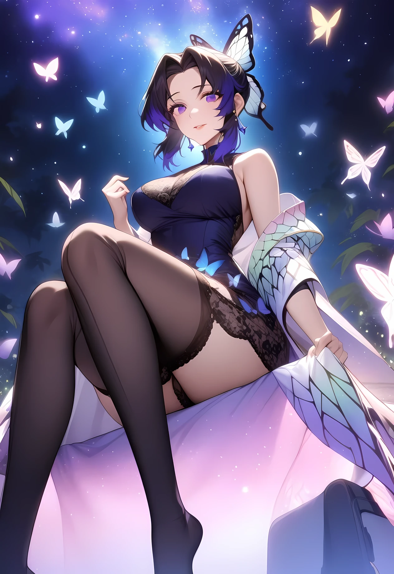 masterpiece, best quality, very aesthetic, absurdres, 1girl, mature_lady,taking off stockings,lace_dress, Jewelry, Earrings,sitting,from below,,Kochou Shinobu, Decorate hair with a butterfly, violet eyes, multi-colored hair, Short hair, Parted bangs,,glowing stardust frontground,fantasy,sparkling,fireflies,
