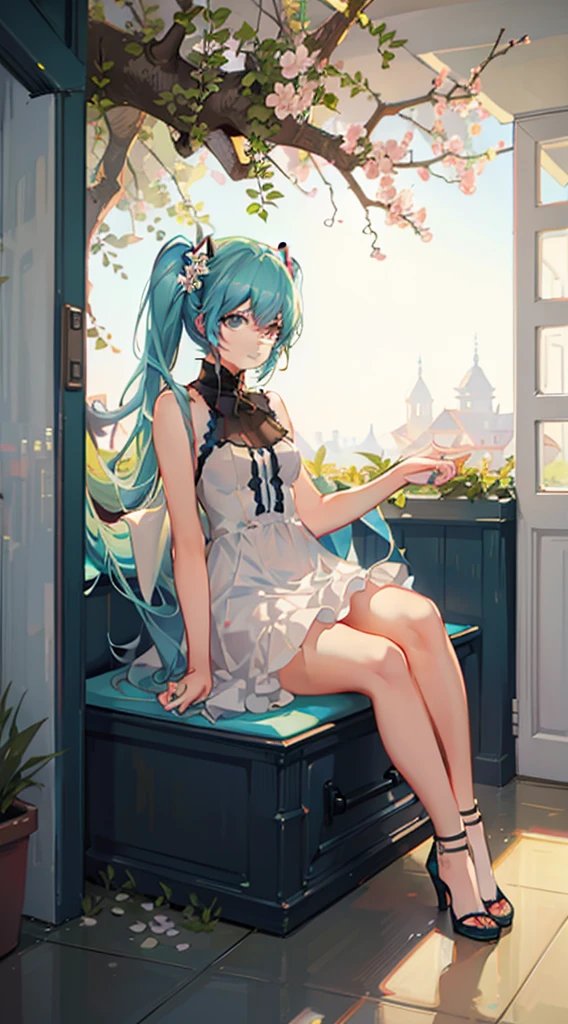 1 laundry machine, sitting in a flower field, beautiful detailed machine, innocent, mesmerizing, peaceful, colorful, extra details, depth of field, high angle, perspective, sharp, soft bloom, cinematic lighting, Hatsune Miku,