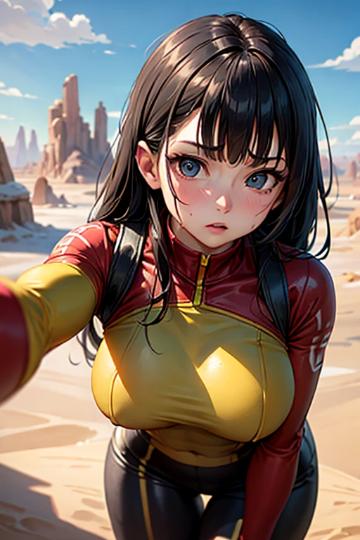 masterpiece, Highest quality,  Unreal Engine,  Super Resolution,  Very detailed, 

Beautiful woman, May, alone, blunt bangs, bangs, Long black hair, Vivid expression, Healthy Body, Beautifully detailed sweat glands, Smooth skin texture, Carefully drawn, Military rubber suit,   

(humidity:1.2), Beautiful Eyes, (Attractive face:1.2), (Beautiful Skin), (Big Breasts), Puffy nipples, (Sticky with sweat), In a dynamic pose,

In the world of Dragon Ball, Outdoor, In a desert oasis