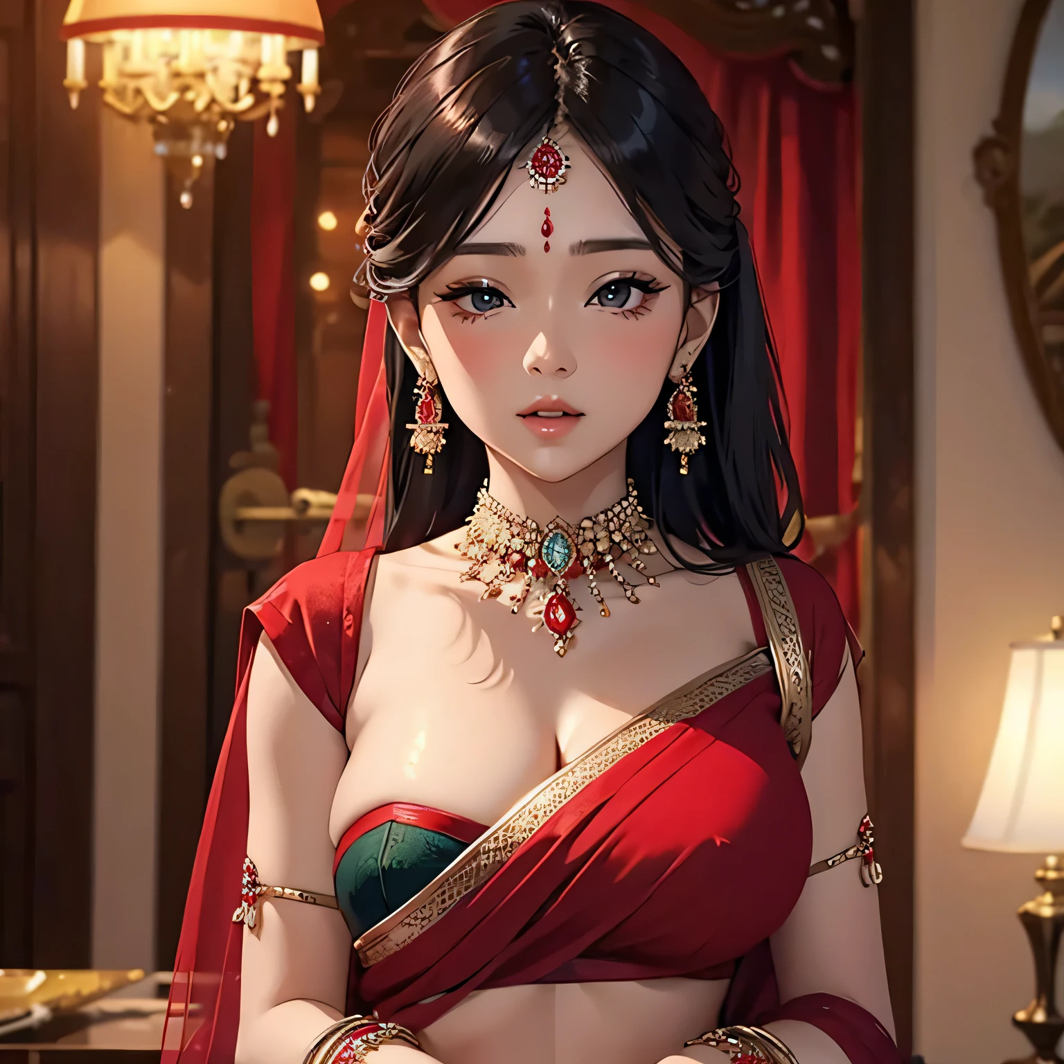 Sexy woman dazzles in a stunning red saree