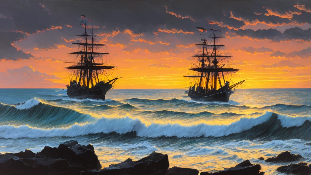 painting of rocks, ocean, waves, rear view of pirate ship heading out to sea, dark vivid color, sunset colors, turbulent sky. art by lautrec, sargent, Reinagle, trending on DeviantArt and artstation, realistic, 4k, UHD, best art, dynamic lighting, dusk