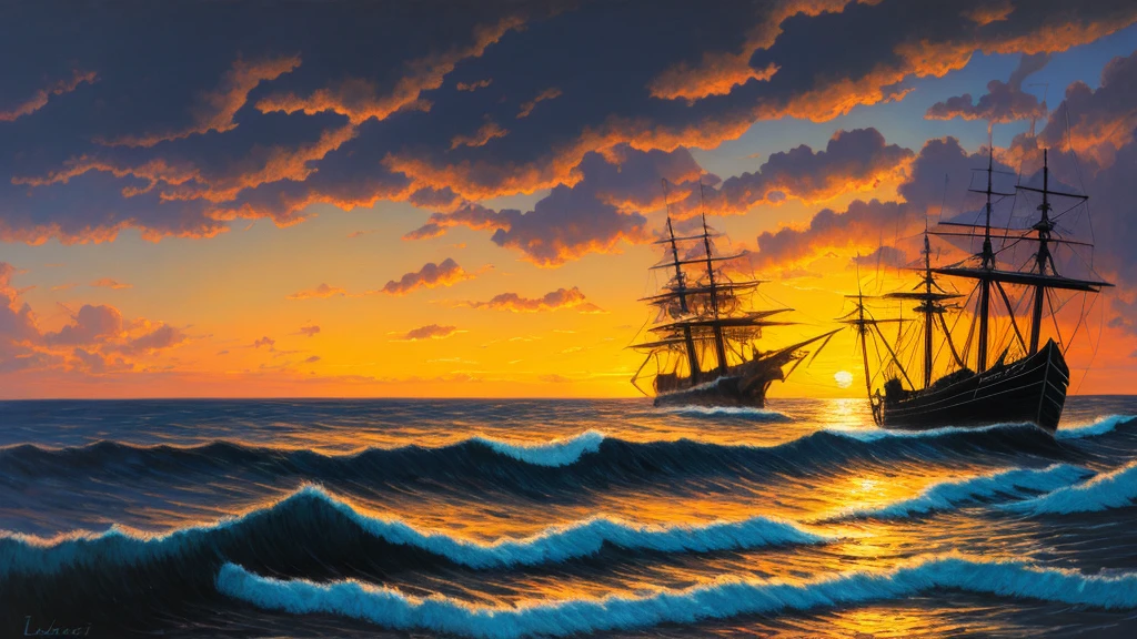 painting of rocks, ocean, waves, rear view of pirate ship heading out to sea, dark vivid color, sunset colors, turbulent sky. art by lautrec, sargent, Reinagle, trending on DeviantArt and artstation, realistic, 4k, UHD, best art, dynamic lighting, dusk