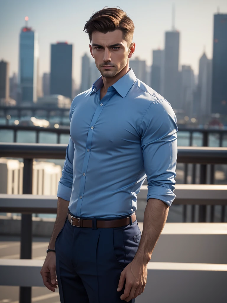 Man in a blue expensive shirt, top button undone. Slavic appearance, short haircut, Brown hair, hair combed back, confident look, looks at the camera, with the city in blur in the background, 135mm focal length, Canon, Диафрагма F2.8, background blur, 