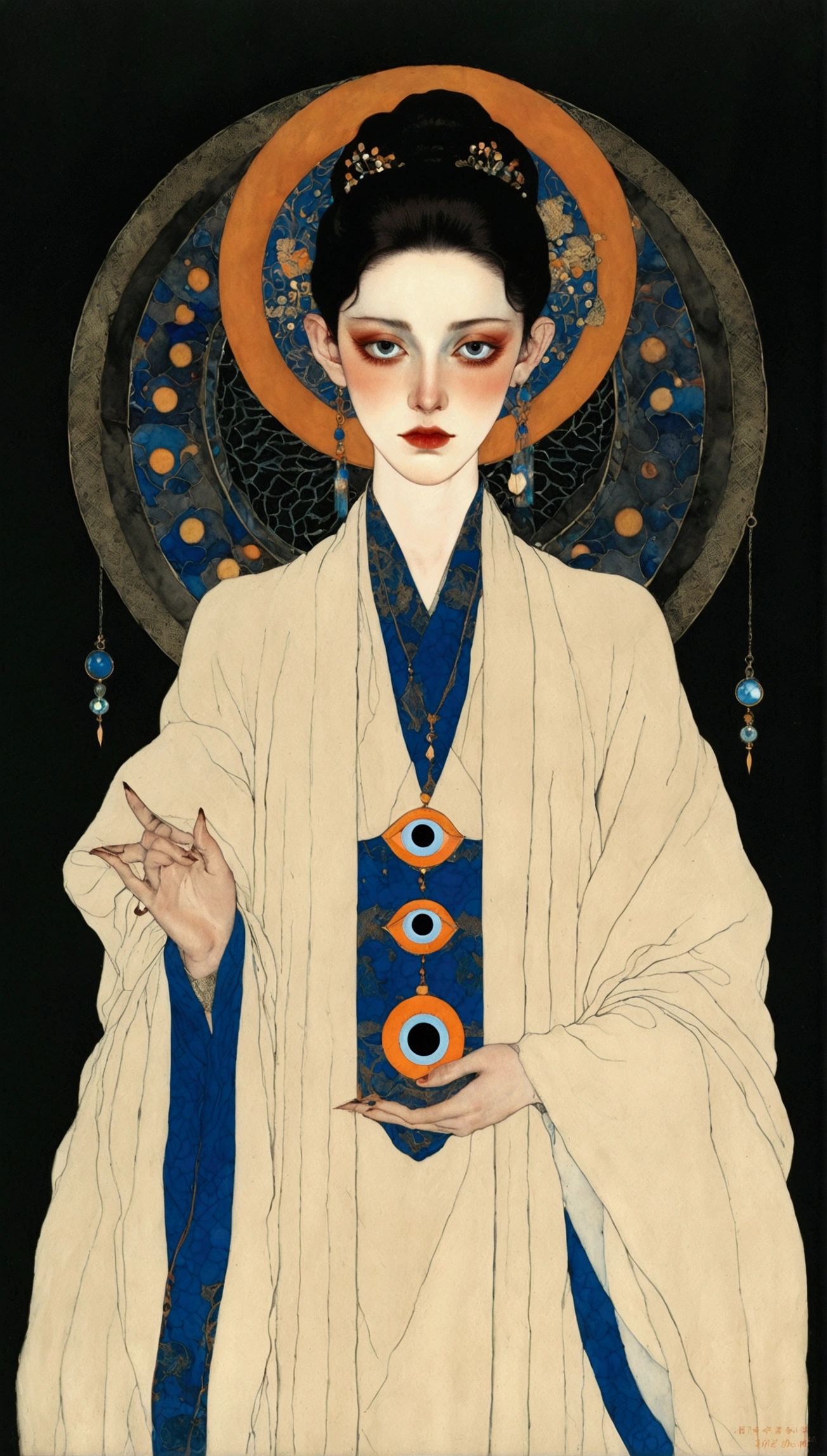 The art of math，Digital Illustration，Drawing，Decorative paintings，Watercolor，(((Harry Clark (Harry Clarke) style,圣地亚哥·卡鲁索style)))，Simple，clean，Fine painting style，(((The third eye on the forehead。Eyeliner，short hair，Pointed ears，robe)))，Wide Angle，Black and blue，Solid color background，Human anatomy is correct