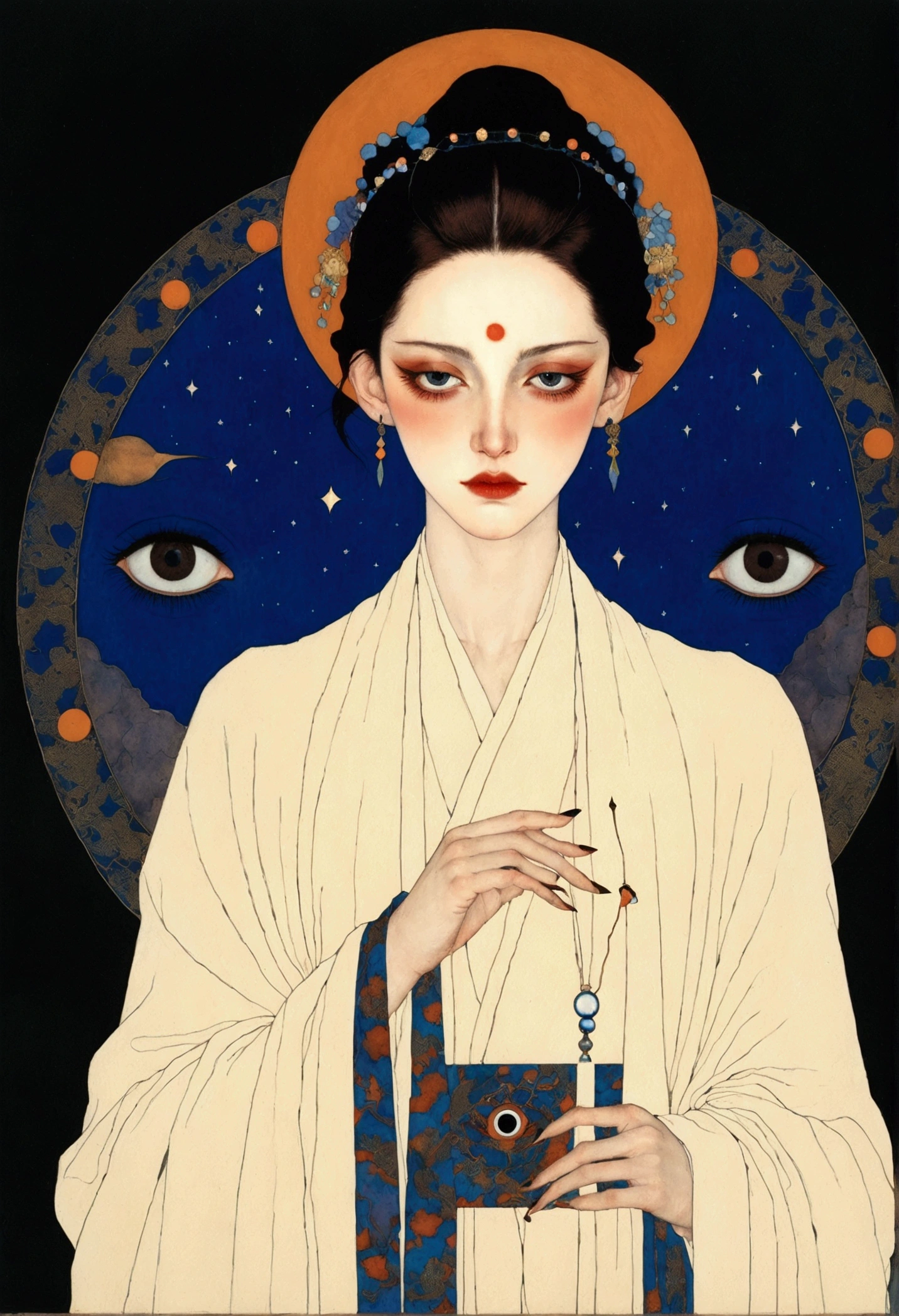 The art of math,Digital Illustration,Drawing,Decorative paintings,Watercolor,(((Harry Clark (Harry Clarke) style,圣地亚哥·卡鲁索style))),Simple,clean,Fine painting style,(((The third eye on the forehead。Eyeliner,short hair,Pointed ears,robe))),Wide Angle,Black and blue,Solid color background,Human anatomy is correct