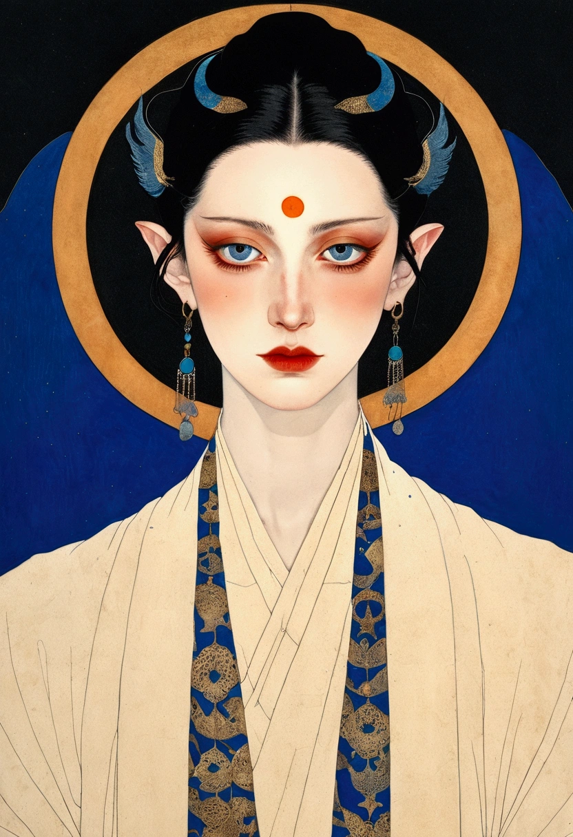 The art of math,Digital Illustration,Drawing,Decorative paintings,Watercolor,(((Harry Clark (Harry Clarke) style,圣地亚哥·卡鲁索style))),Simple,clean,Fine painting style,(((The third eye on the forehead。Eyeliner,short hair,Pointed ears,robe))),Wide Angle,Black and blue,Solid color background,Human anatomy is correct