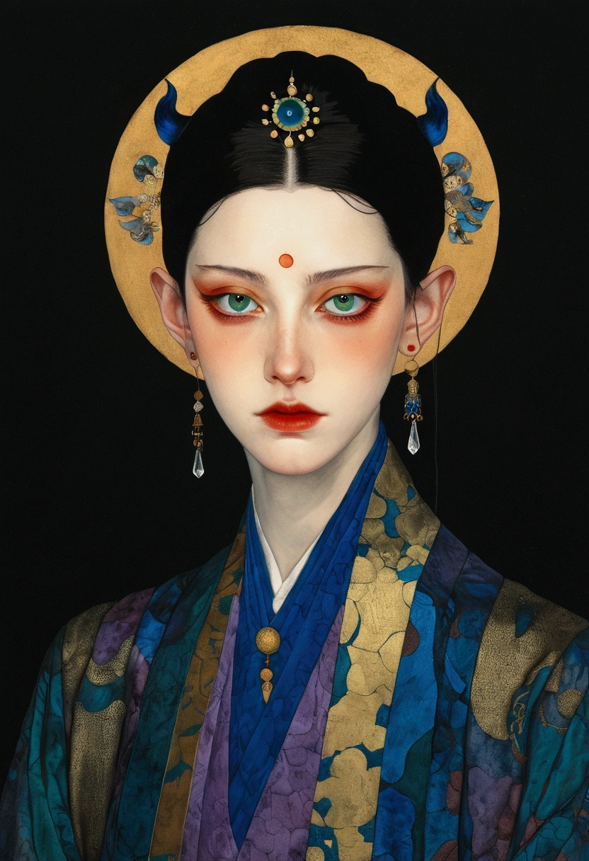The art of math,Digital Illustration,Drawing,Decorative paintings,Watercolor,(((Harry Clark (Harry Clarke) style,圣地亚哥·卡鲁索style))),Simple,clean,Fine painting style,(((The third eye on the forehead。Eyeliner,short hair,Pointed ears,robe))),Wide Angle,Black and blue,Solid color background,Human anatomy is correct